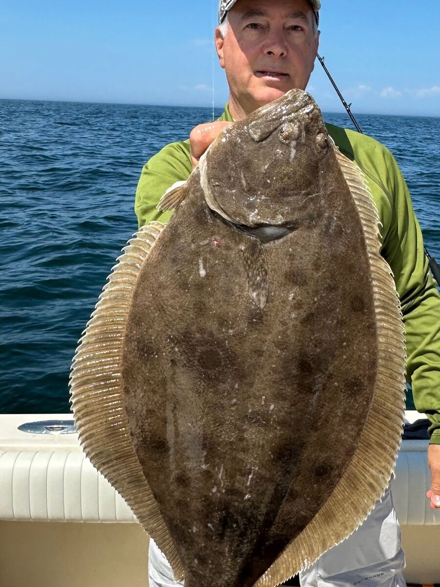 A large fluke held up on the boat