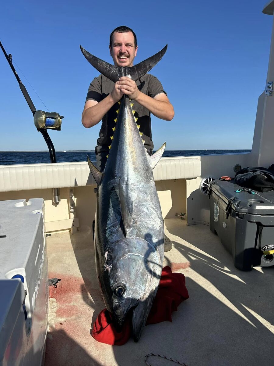 A bluefin tuna landed on deck